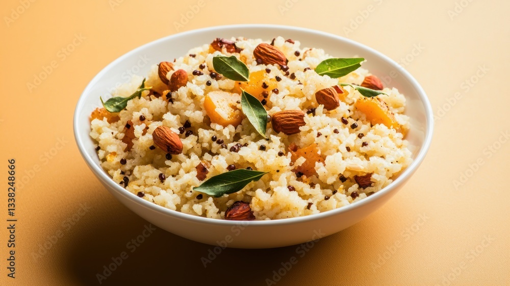 Delicious savory dish a bowl of indian food upma with almonds and curry leaves close up view Delicious savory dish a bowl of indian food upma with almonds and curry leaves close up view