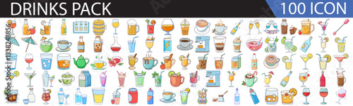 Drinks Icon Set – 100 Colorful Flat Design Beverage Icons for Café, Bar, Cocktail, and Lifestyle Project-A vibrant and modern collection of 100 flat design drinks icons, perfect for café, bar,