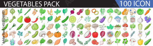 Vegetables Icon Set – 100 Colorful Flat Design Icons of Fresh Vegetables for Organic, Nutrition, and Food Projects-A bright and colorful collection of 100 flat design vegetable icons, perfect for food