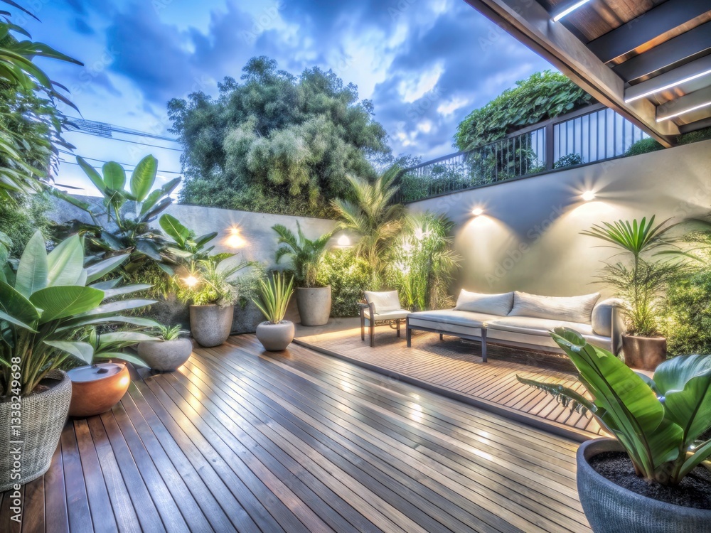 Fototapeta premium Serene Tropical Night Lounge: Wooden Deck, Warm Lighting, Outdoor Relaxation