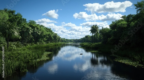 Serene Tropical River Surrounded by Lush Greenery and Sky