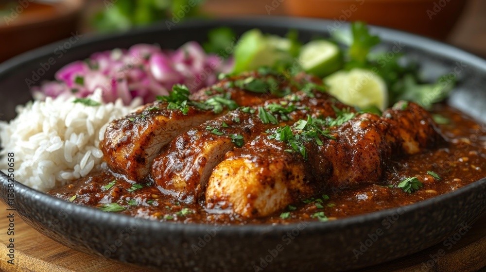 Traditional Mexican Mole Dish Served with Rice and Chicken on a Plate. Generative AI Traditional Mexican Mole Dish Served with Rice and Chicken on a Plate. Generative AI
