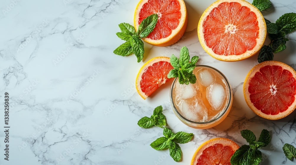 Refreshing Summer Cocktail with Fresh Grapefruit, Mint and Ice on White Marble Background Refreshing Summer Cocktail with Fresh Grapefruit, Mint and Ice on White Marble Background