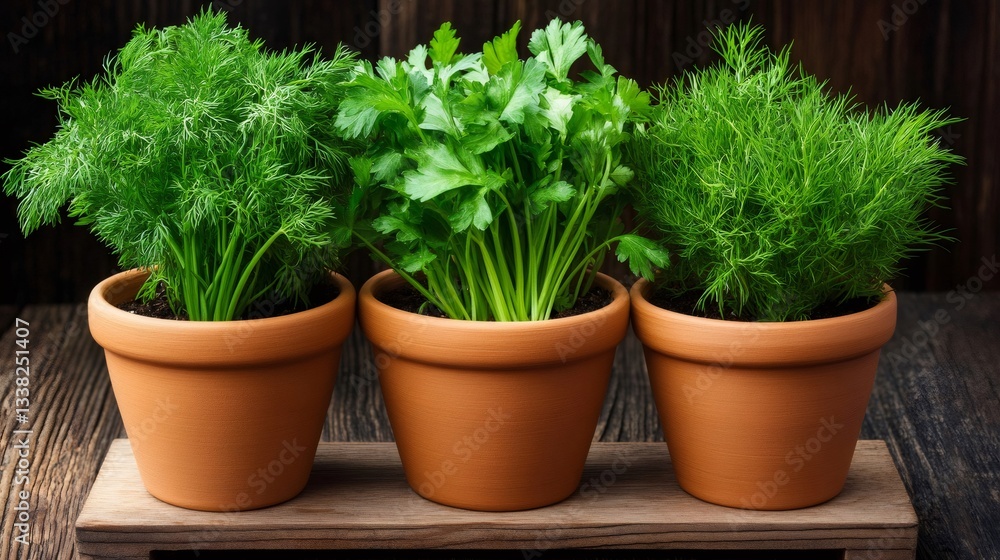 Fototapeta premium Fresh herbs growing in terracotta pots on wooden table