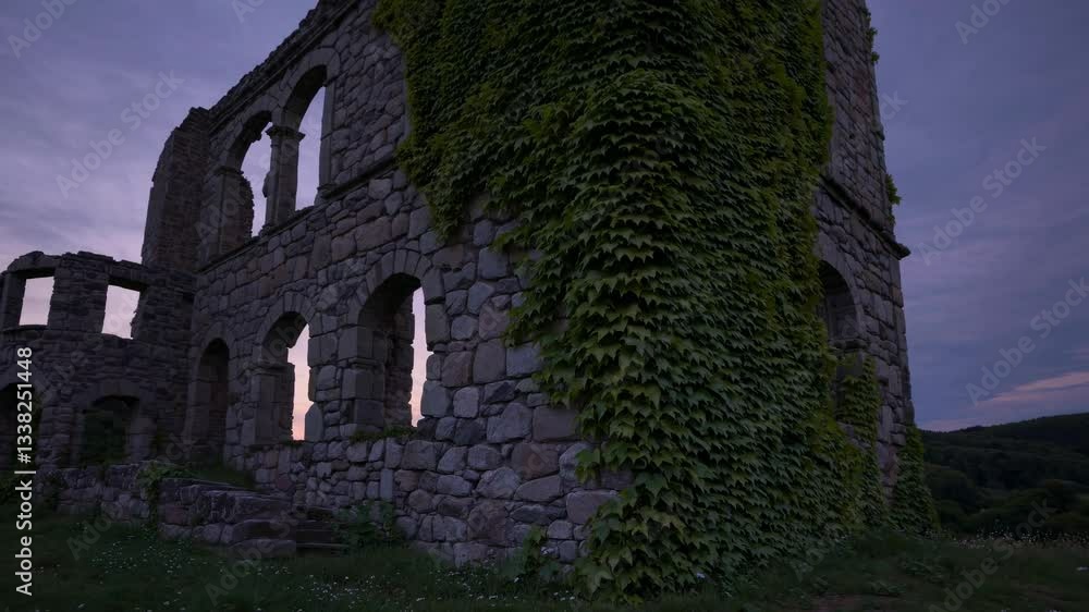 Majestic ruins at sunset with ivycovered stone walls in tranquil landscape Majestic ruins at sunset with ivycovered stone walls in tranquil landscape