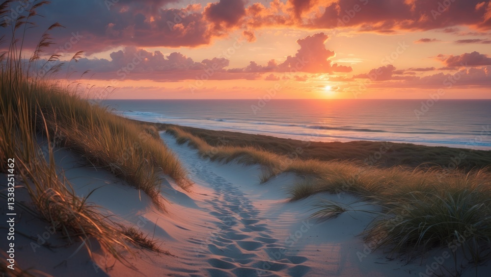 View from the top of a dune overlooking the sunset in the North Sea. View from the top of a dune overlooking the sunset in the North Sea.