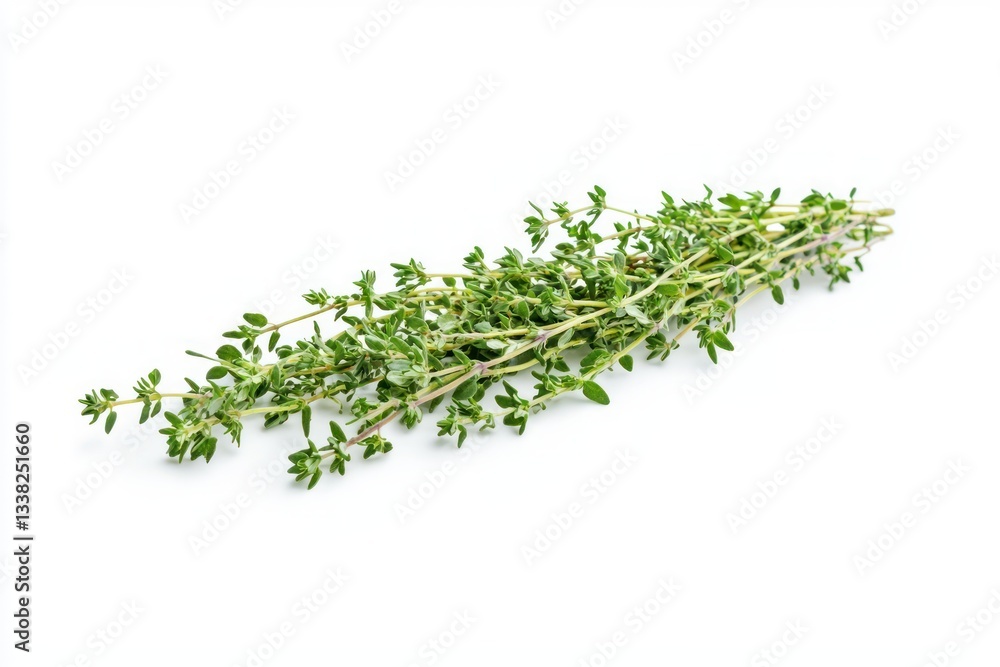 Fresh thyme herb bundle on clean white seamless background for gastronomy and culinary uses Fresh thyme herb bundle on clean white seamless background for gastronomy and culinary uses