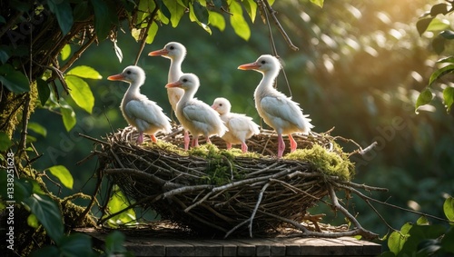 Four white stork chicks are perched in their high nest on a platform, anticipating food. The nest consists of twigs and branches, and the chicks are gazing in various directions.