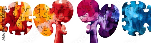 Colorful puzzle pieces in various shades against a white background.
