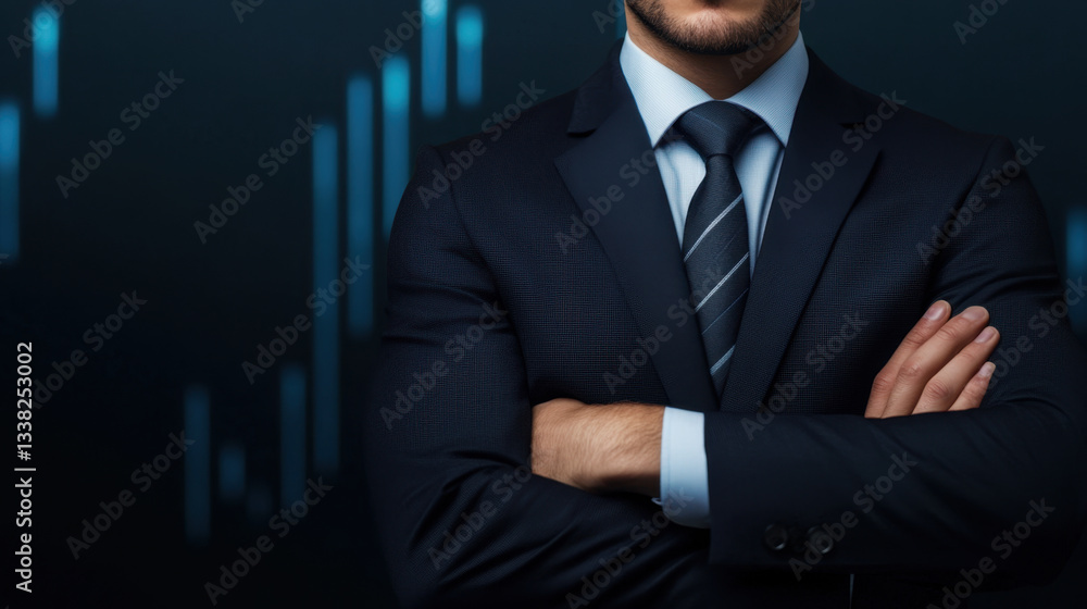 Fototapeta premium stylish businessman in suit stands confidently with arms crossed, set against dark background with financial charts. image conveys professionalism and determination