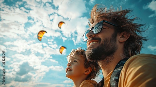 Father and son watch kitesurfing, sunny beach