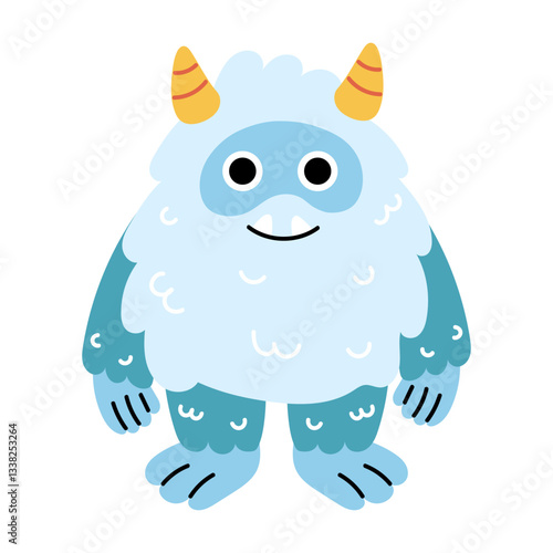 Cute cartoon snow yeti in enjoying pose. Funny character participate in winter activities. New Year and Christmas, winter holidays. Adorable furry monster sticker