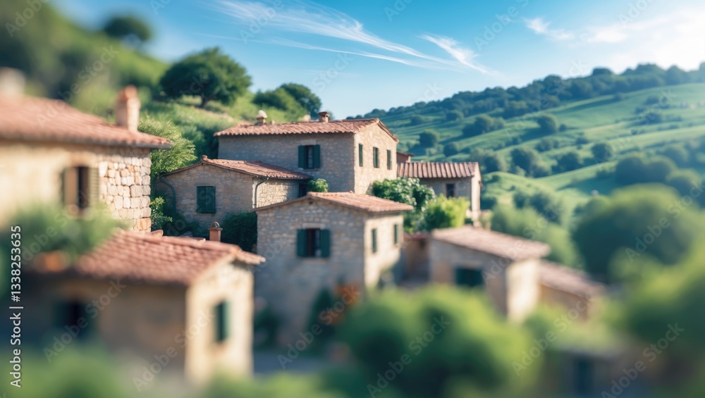 Fototapeta premium Blurred depiction of a village featuring out-of-focus stone houses and lush hills beneath a clear blue sky.