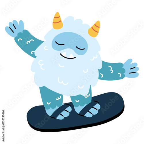 Cute cartoon snow yeti in skateboarding pose. Funny character participate in winter activities. New Year and Christmas, winter holidays. Adorable furry monster sticker