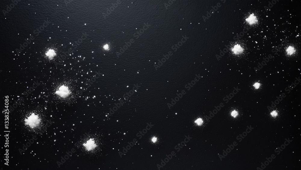 Fototapeta premium White dust particles and grain texture overlay on a black space background. Abstract design.