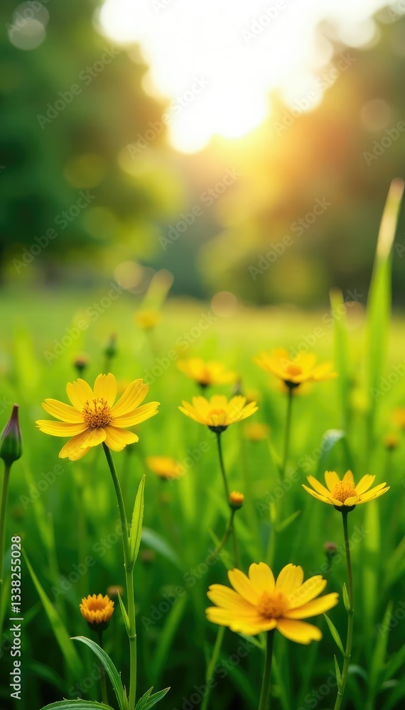 Fototapeta premium Sunlit meadow wildflowers yellow flowers green grass, green meadow, landscape photography,
