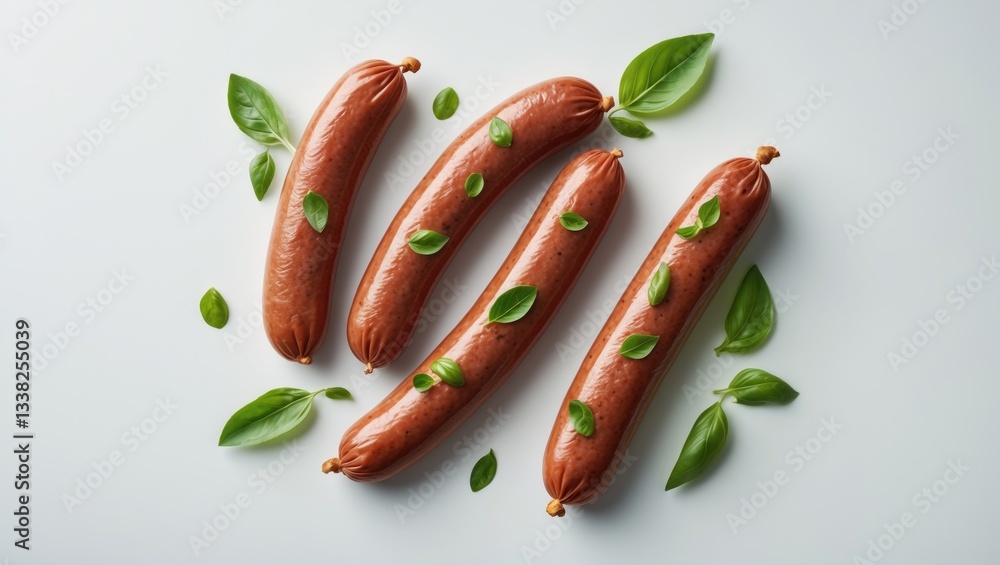 Boiled sausages paired with basil, on a white backdrop. Boiled sausages paired with basil, on a white backdrop.