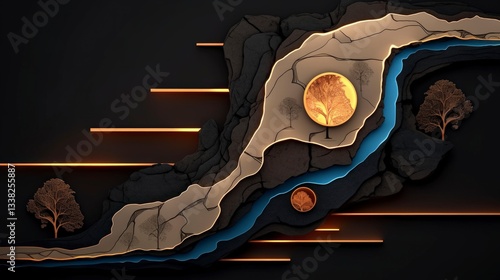 Abstract Gold   Black Topographic Art  Nature  Landscape  Modern Design
