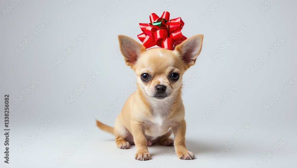 Obraz premium Yellow Blonde Fawn Chihuahua Puppy with Christmas Gift Ribbon Bow on Its Head Facing Camera Isolated in Studio Cut Out on White Background