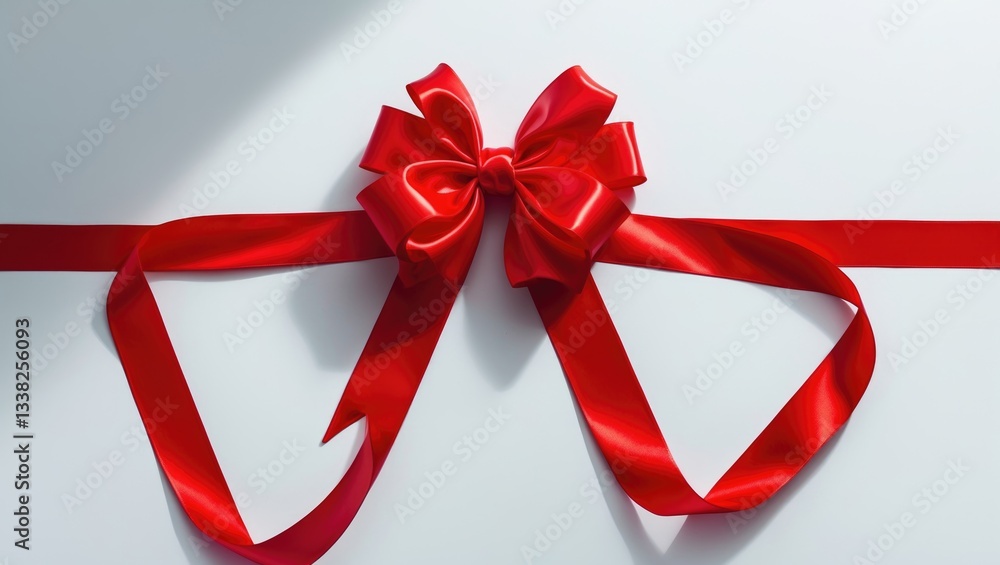 A flat lay arrangement of a simple gift bow crafted from bright red shiny satin ribbon, accompanied by a light gray soft shadow, set against a white background. A flat lay arrangement of a simple gift bow crafted from bright red shiny satin ribbon, accompanied by a light gray soft shadow, set against a white background.