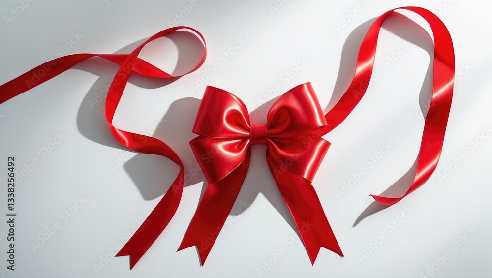 Flat lay view of a simple gift bow crafted from bright red glossy satin ribbon, featuring a light gray soft shadow against a white backdrop. Flat lay view of a simple gift bow crafted from bright red glossy satin ribbon, featuring a light gray soft shadow against a white backdrop.