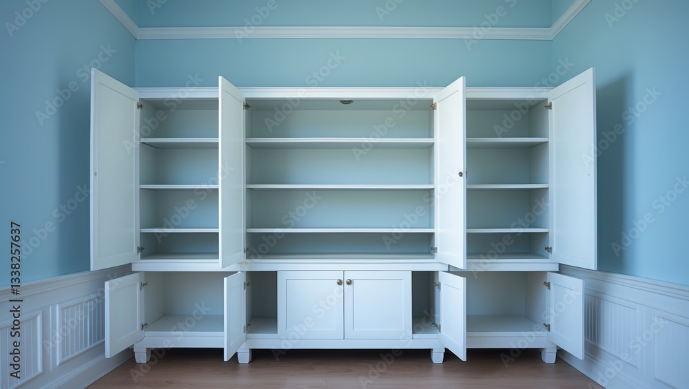 Fototapeta premium Empty product display shelves; clean white cabinet, light blue wall color, white beadboard or wainscoting.