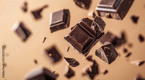 Dark chocolate pieces floating in the air against a beige background, close-up. 