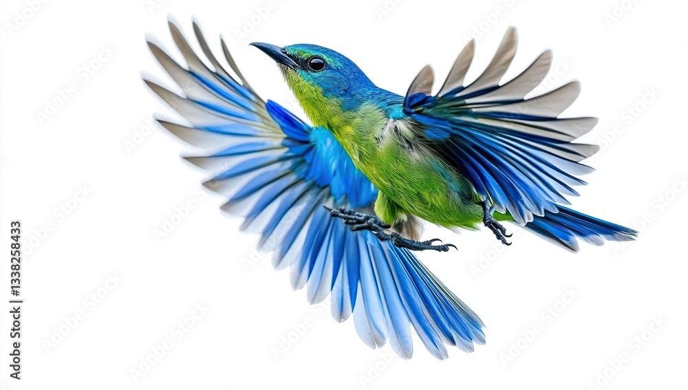 Obraz premium Vibrant blue and green tanager bird in flight, a white background