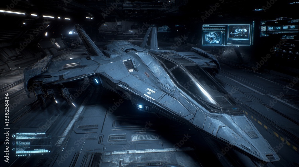 Fototapeta premium Futuristic spaceship in hangar