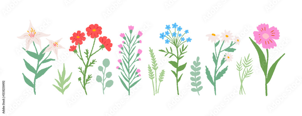 Flowers set hand drawn pencil. Cute simple doodle art. Floral of wildflower, leaf branch. Blossom illustration for decor, easter, sticker, clipart, print Flowers set hand drawn pencil. Cute simple doodle art. Floral of wildflower, leaf branch. Blossom illustration for decor, easter, sticker, clipart, print