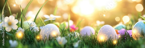 Glowing Easter Eggs On Grass With Morning Sun Bokeh