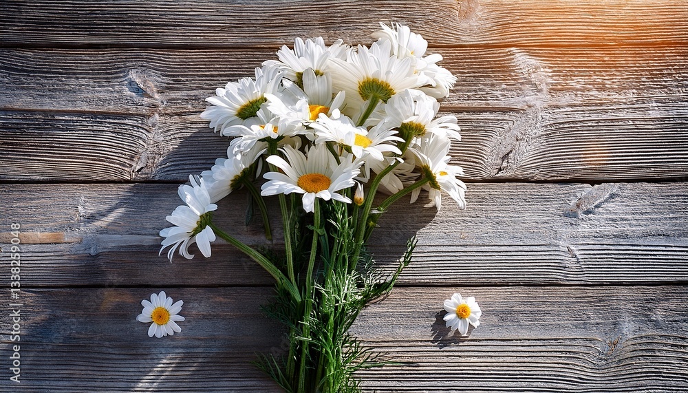 Obraz premium bunch of white chamomiles on gray wooden background in sunlight- 67728