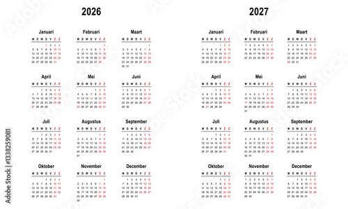 Simple Calendar 2026, 2027 on Dutch languag with public holidays the country of Netherlands, week start on Monday. Vector graphics	
