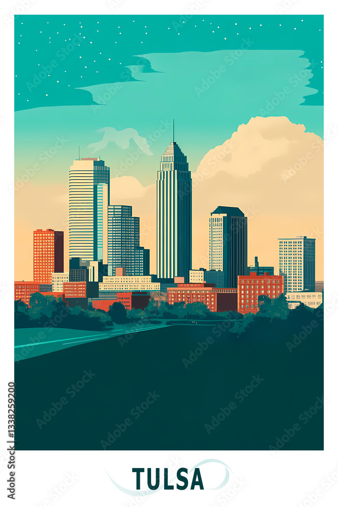 Naklejka premium Tulsa USA, Oklahoma state illustrated poster in retro style. Vintage travel booklet, postcard, print, cover with urban skyline, skyscrapers