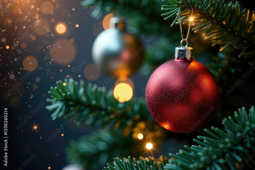 The delicate sparkle of glass balls on a Christmas tree creates a magical ambiance, sparkly, kerzen The delicate sparkle of glass balls on a Christmas tree creates a magical ambiance, sparkly, kerzen