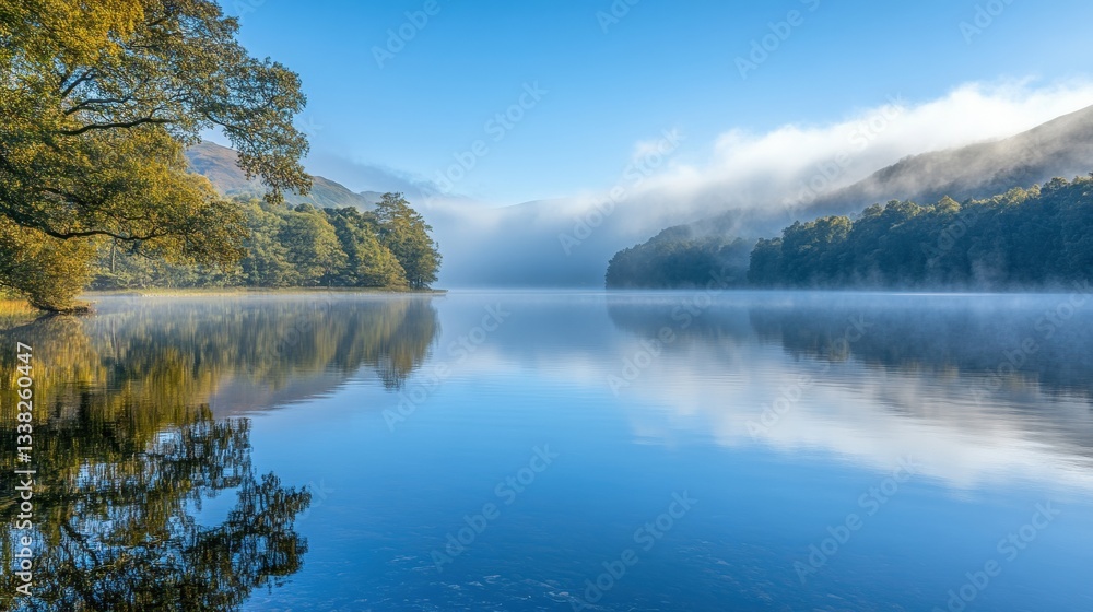 Obraz premium Calm lake reflecting trees under a blue sky, with fog on the mountains. Use for travel blogs, or inspiring nature and relaxation themes.