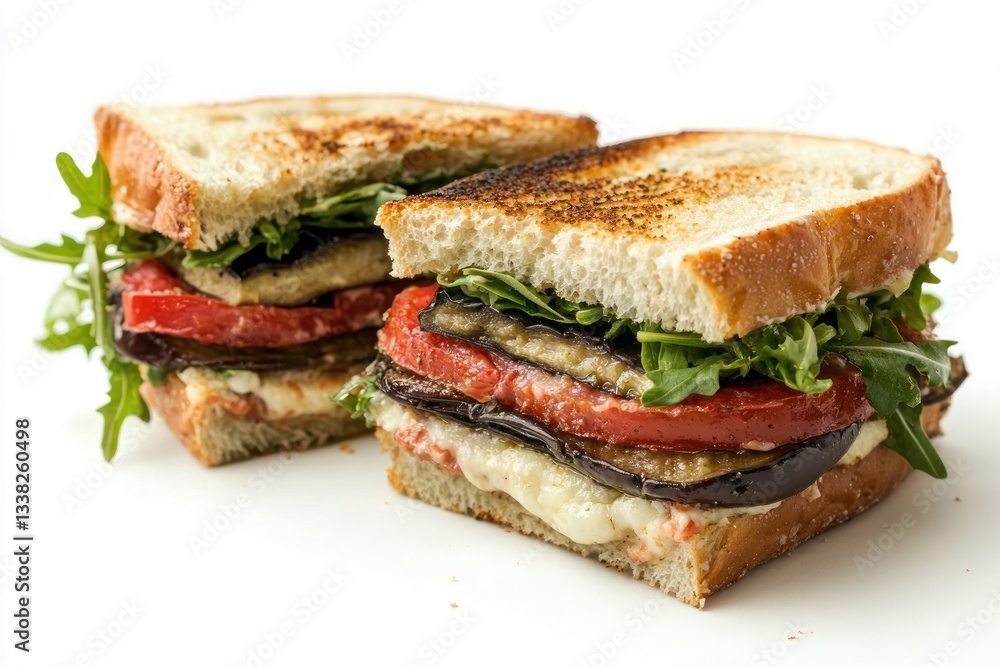 Delicious vegetarian sandwich halves with tomato eggplant cheese and greens on white background Delicious vegetarian sandwich halves with tomato eggplant cheese and greens on white background