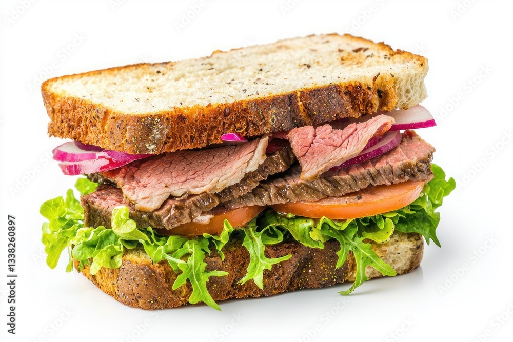 Delicious Roast Beef Sandwich with Crisp Greens Tomato and Red Onion on Sourdough Bread Delicious Roast Beef Sandwich with Crisp Greens Tomato and Red Onion on Sourdough Bread