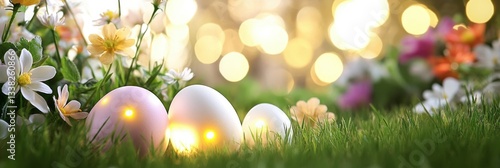 Softly Illuminated Eggs Among Lush Spring Flowers