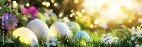 Colorful Glowing Easter Eggs On Vibrant Green Grass