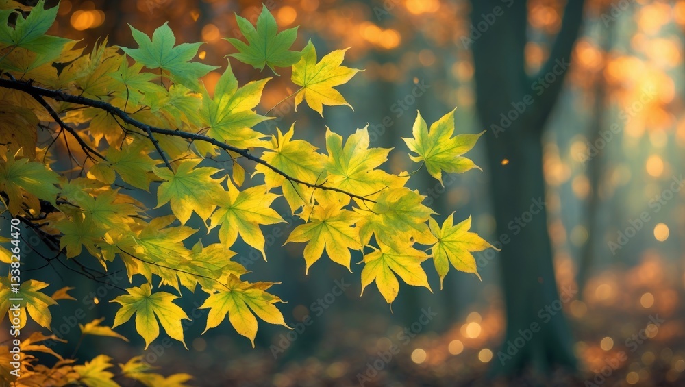 Obraz premium Branch with yellow-green leaves in the autumn woods.