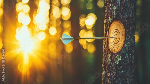 Fototapeta Naklejka Na Ścianę i Meble -  Arrow hitting target in forest at sunset