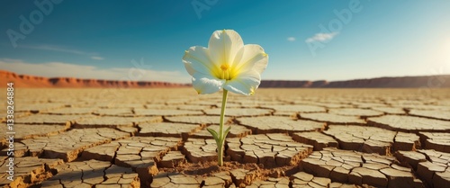 Flower thriving in a droughty desert, horizontal photo.
