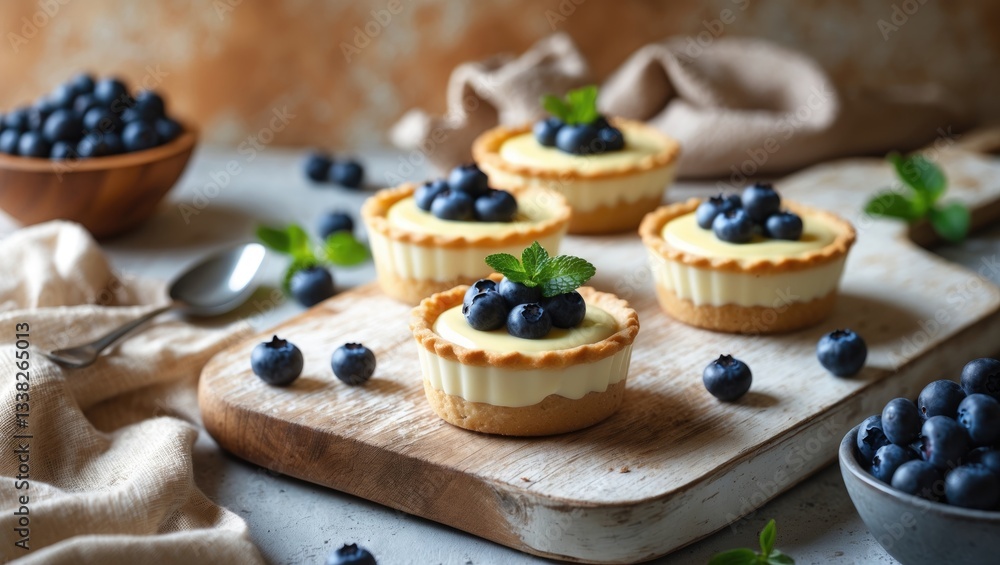 Flat lay of tasty Blueberry tartlets topped with vanilla custard cream, arranged on a light rustic wooden backdrop. Flat lay of tasty Blueberry tartlets topped with vanilla custard cream, arranged on a light rustic wooden backdrop.