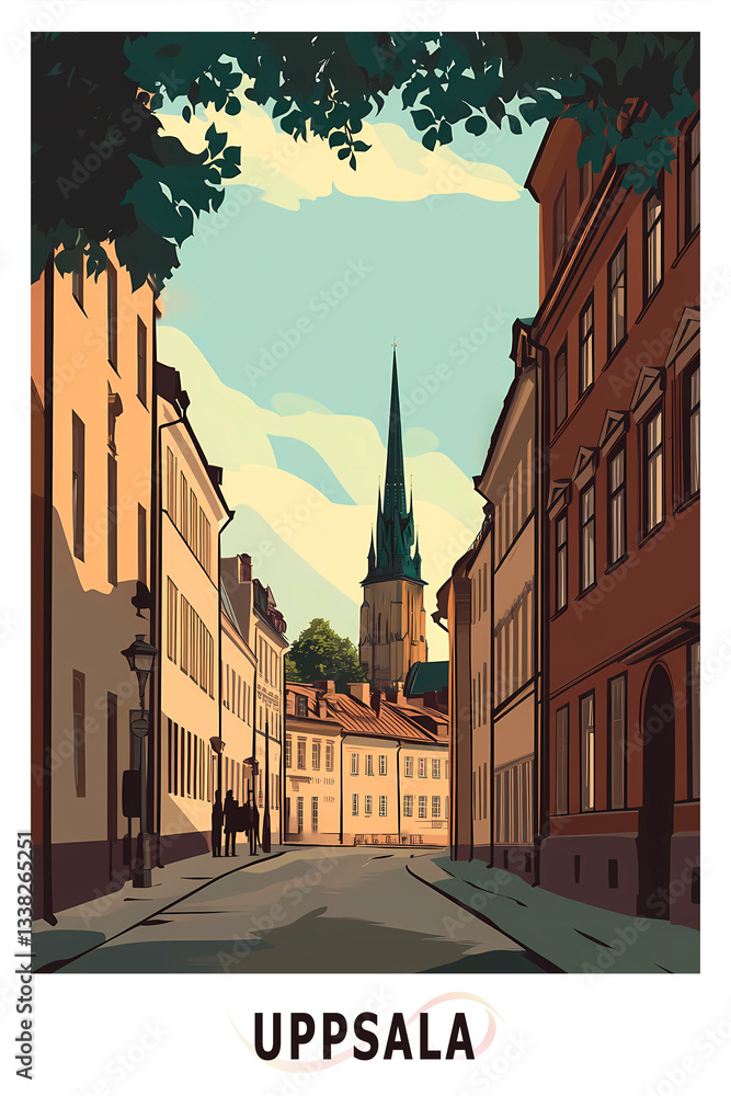 Naklejka premium Uppsala, Sweden illustrated poster in retro style. Vintage travel booklet, postcard, print, cover with urban skyline, landmarks, townscape