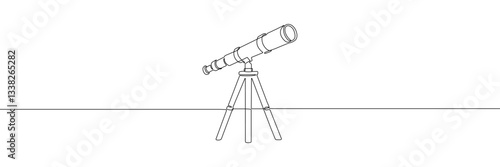 Simple continuous line drawing vector illustration of a telescope on a tripod, isolated on a white background, representing astronomy and space exploration