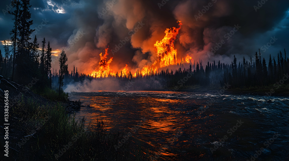 Fototapeta premium Forest fire by river at dusk with dramatic smoke and flames
