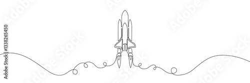 Simple continuous line art illustration of a rocket launching into space, symbolizing exploration, innovation, and futuristic technology