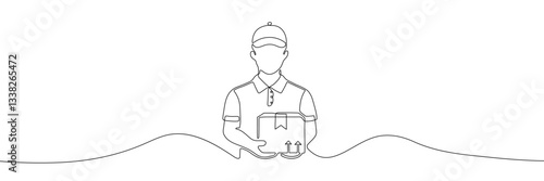 Minimalist continuous line drawing vector illustration of a delivery worker holding a package, symbolizing shipping, logistics, and e-commerce services