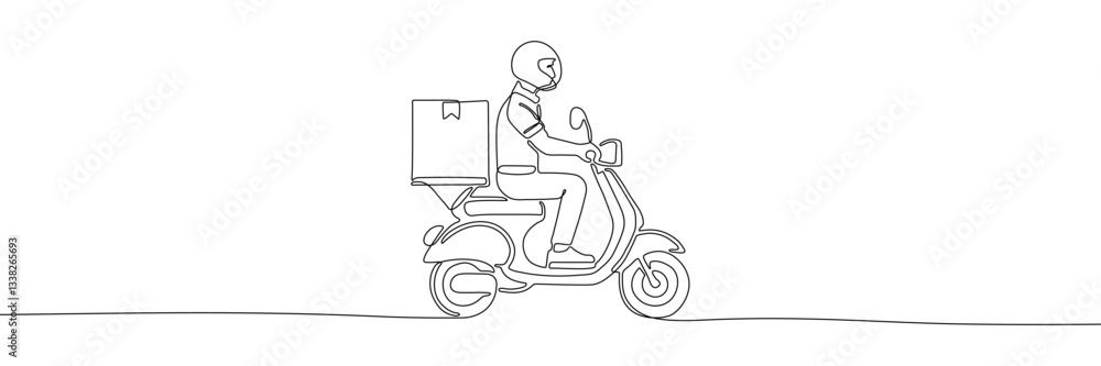 Continuous one-line drawing of a delivery person riding a scooter with a package, representing fast shipping, courier services, and logistics Continuous one-line drawing of a delivery person riding a scooter with a package, representing fast shipping, courier services, and logistics